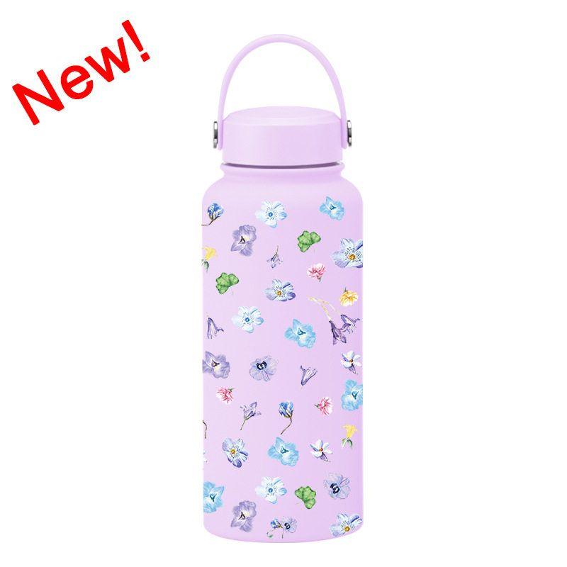 2025 New Model 1L Large Capacity Thermos Cup with Wide Mouth, Portable Handle, Sports Water Bottle, Outdoor Printed Water Cup for Women
