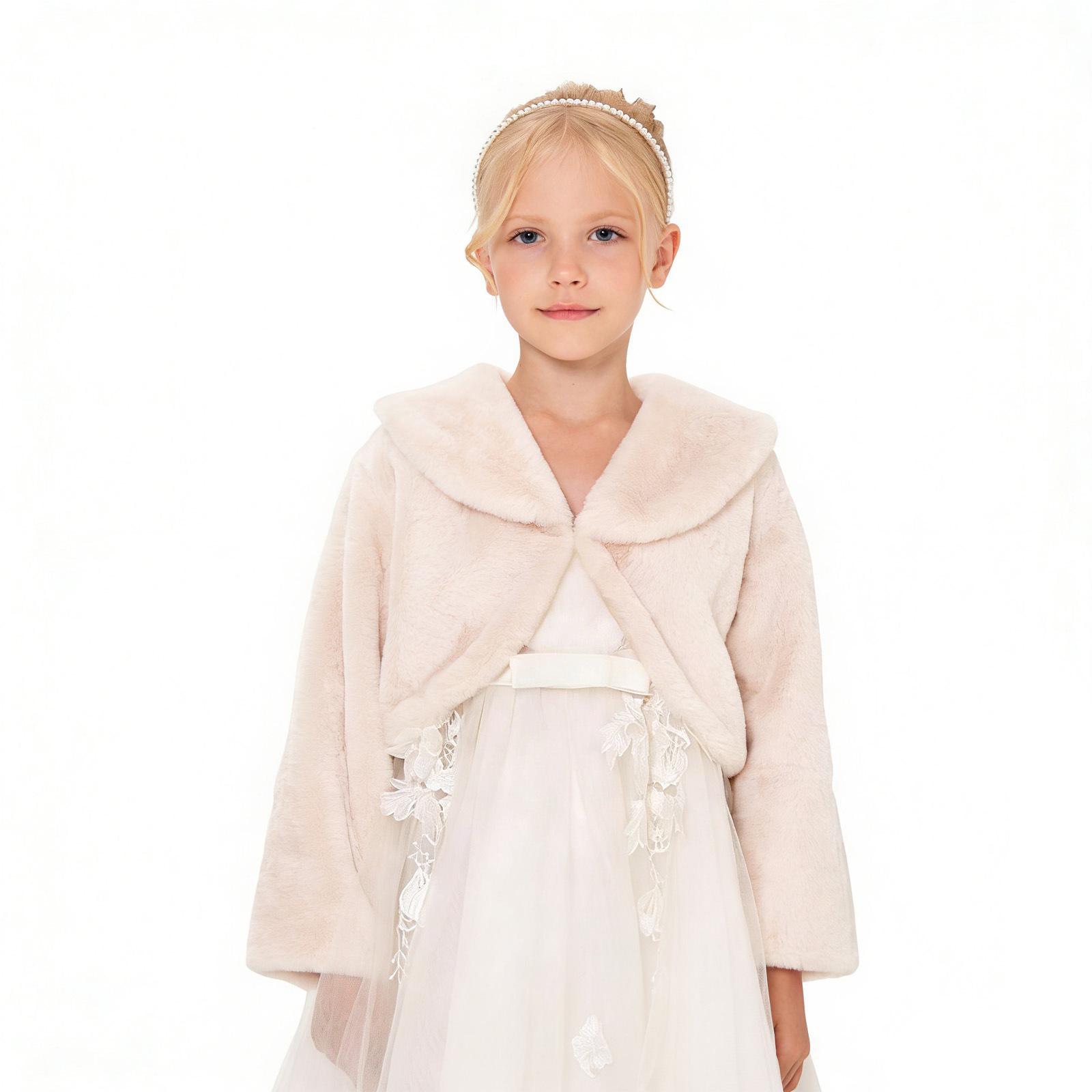 Girls Faux Rabbit Fur Long Sleeve Lapel Cape Coat