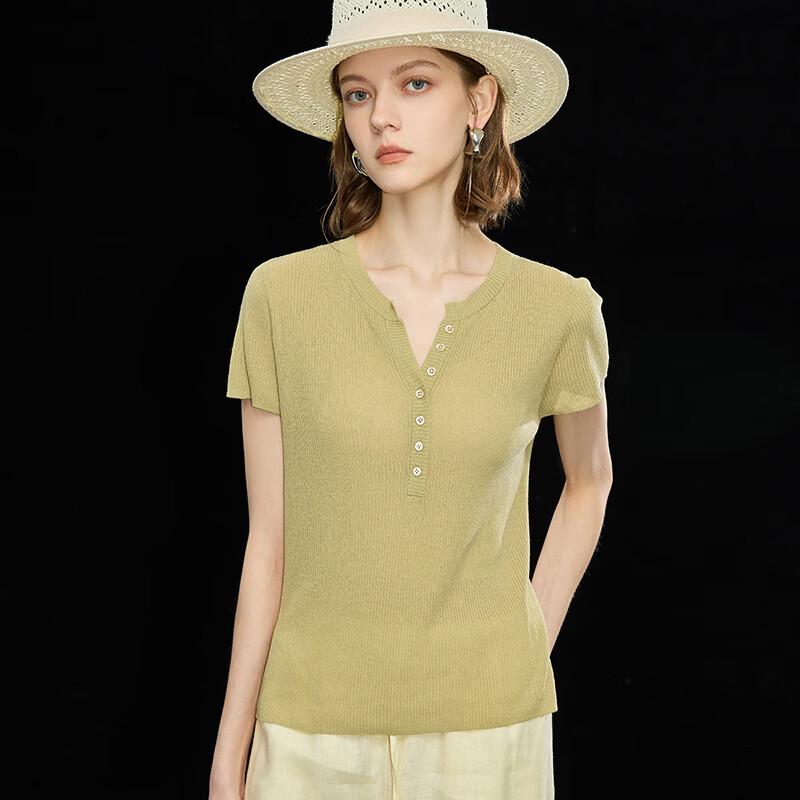 Women's Tencel Linen Blend French Half-Open Collar Knitted T-Shirt