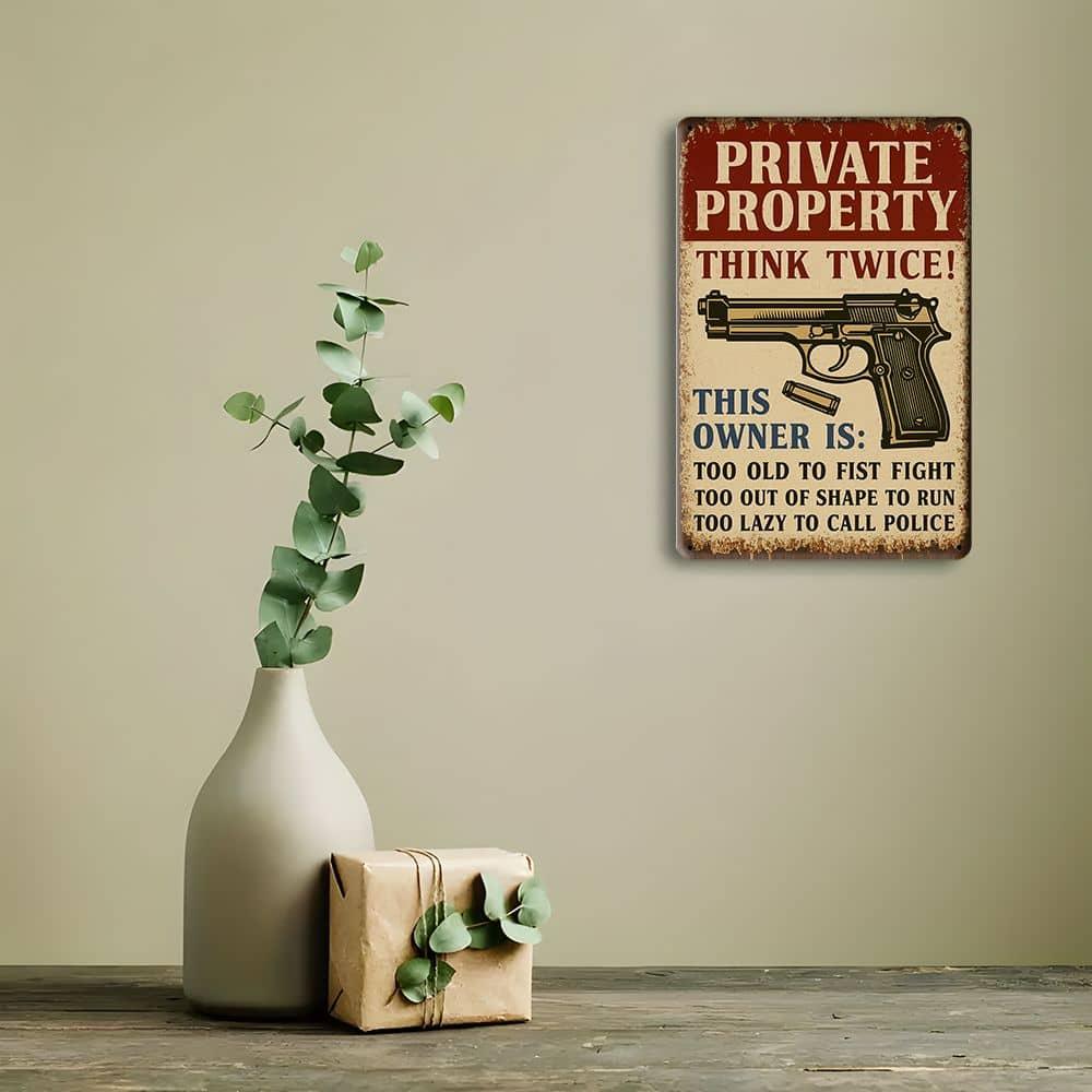 "Private Property Warning" retro metal sign, 12x8 inch.