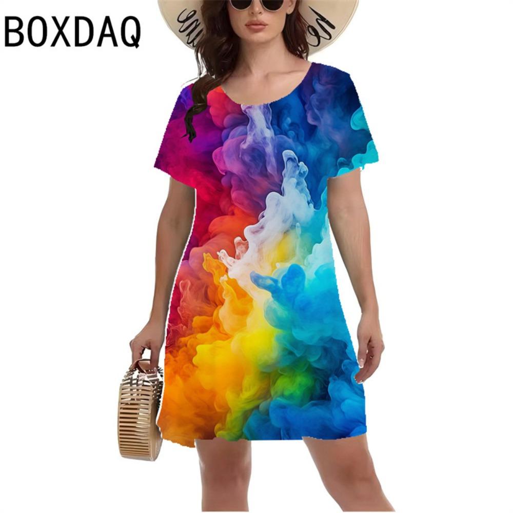Women's Color Gradient Ink Printing Dress Short-sleeved Casual A-line Dress Summer Fashion Loose Mini