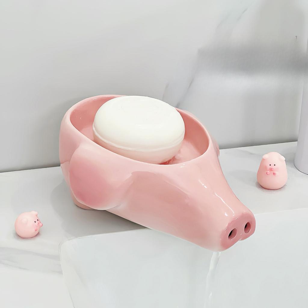 Creative and Funny Piggy Nose Soap Box Household Bathroom Hand Washing Table No Punching Drain Ceramic Soap Rack