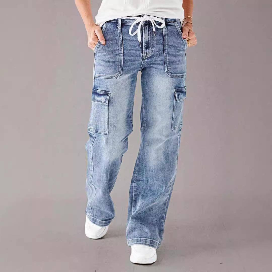 

Весенние и осенние джинсы с поясом женские свободные прямые повседневные рабочие брюки XXL светло-синий