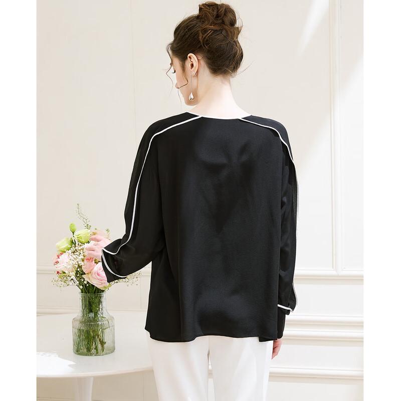 TUHUANG Women's Color Block Mulberry Silk Round Neck Shirt
