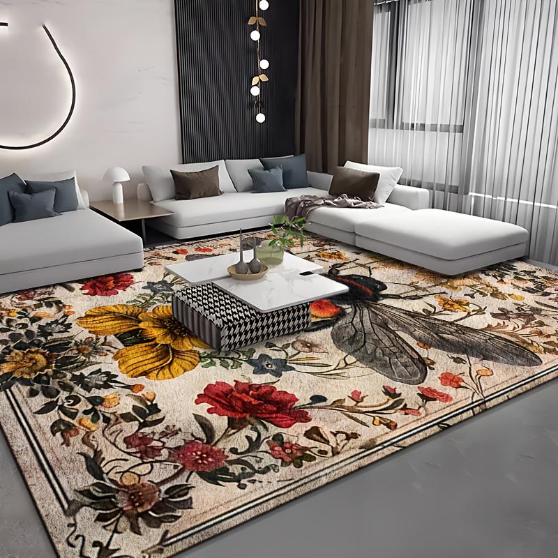 1pc Vintage Bee Pattern Flannel Rug - Soft, Machine Washable, Rectangular Carpet Suitable for Living Room and Kitchen Decor