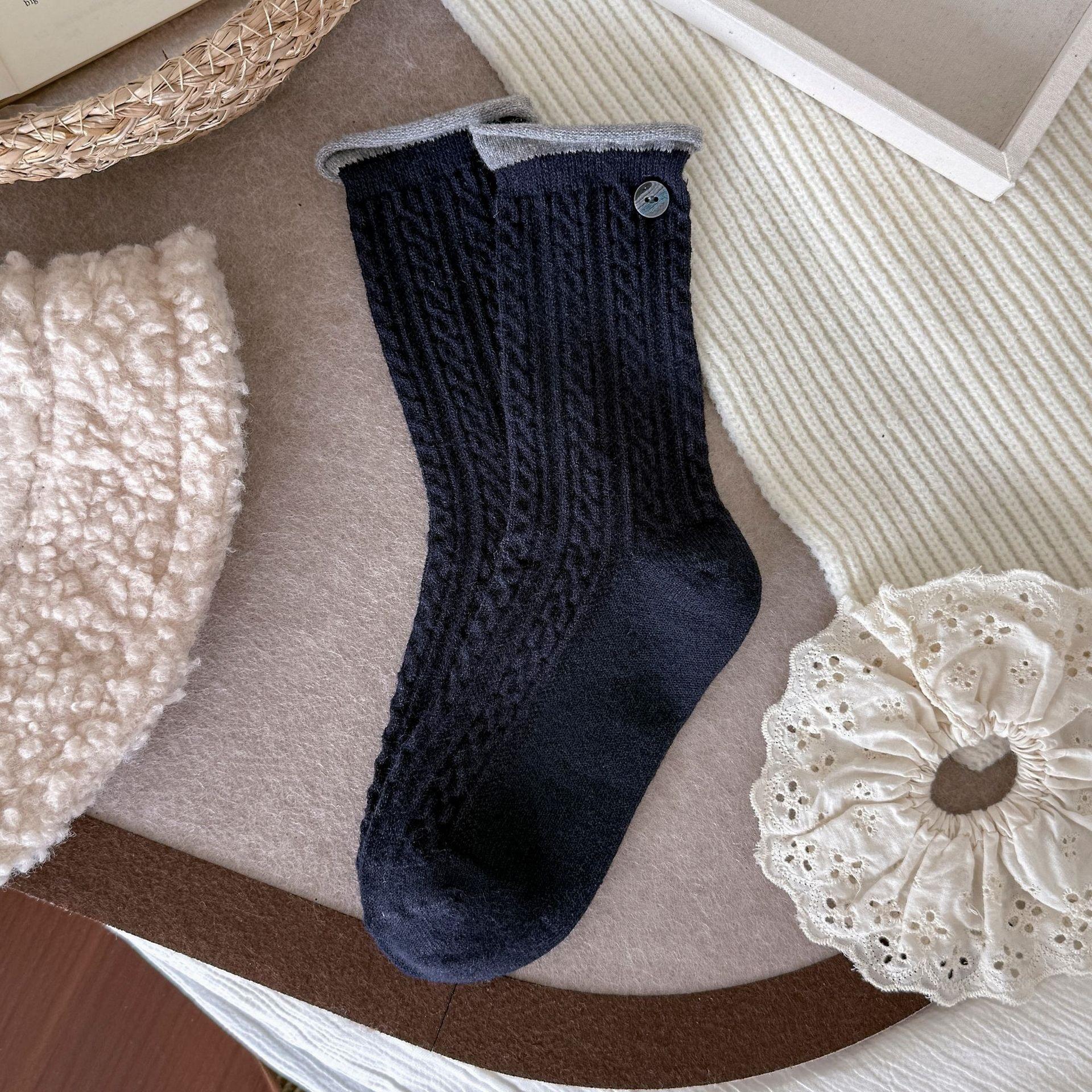 Warm Fleece Wool Twist Socks Contrast Color Rolled Edge And Versatile Thickened Warm Pile Socks