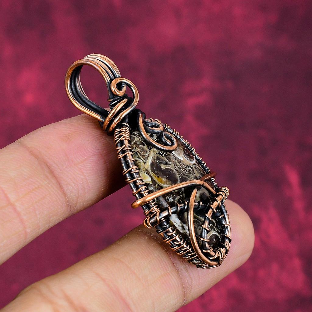 Turritella Agate Gemstone Pendant Copper Wire Wrapped Jewelry Handmade Pendant