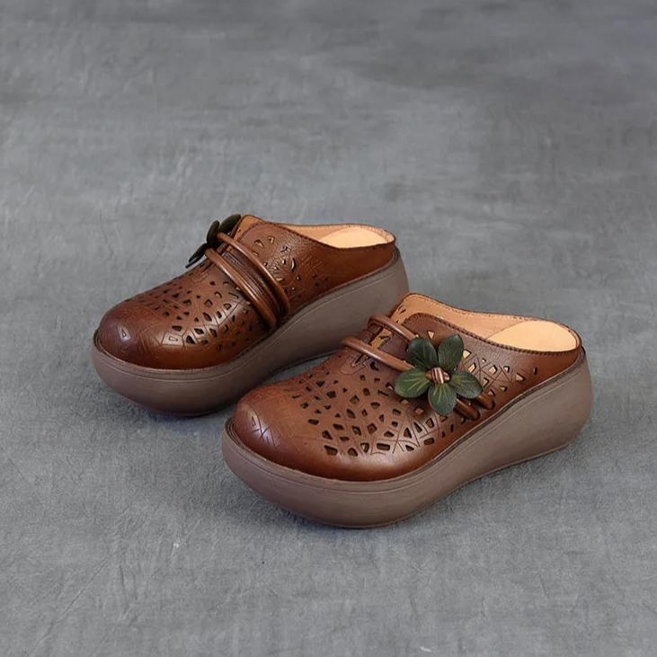 Johnature Ethnic Style Flower Wedges Slippers Genuine Leather Hollow Retro Outdoor Women's Sandals