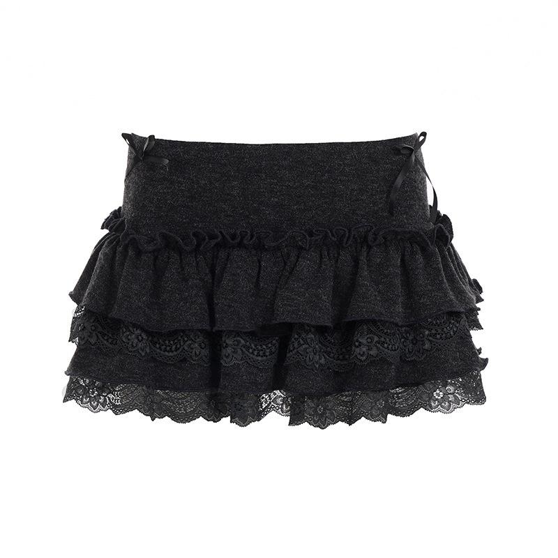 European & American Sweet Style Ruffle Patchwork Low-Waist Knit Skirt