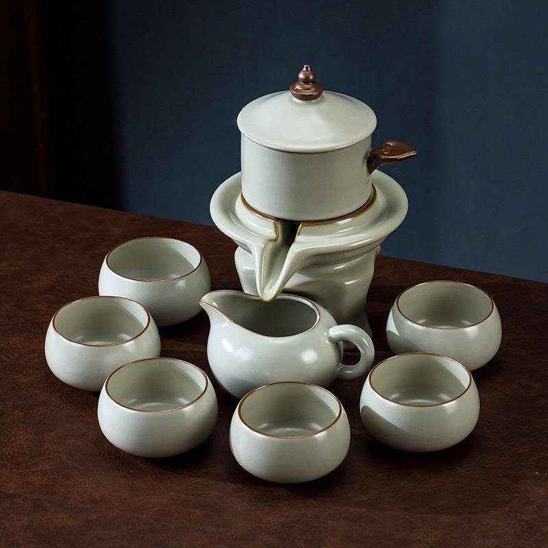 Beige Ru Kiln Kung Fu Tea Set Household Ceramic Automatic Set Office Visiting Tea Small Set Gift Box Printing