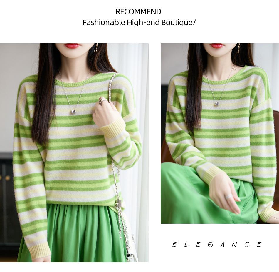 Women's Wool Striped Round Neck Pullover Sweater - Slimming, Long Sleeve Knit Top for Autumn/Winter