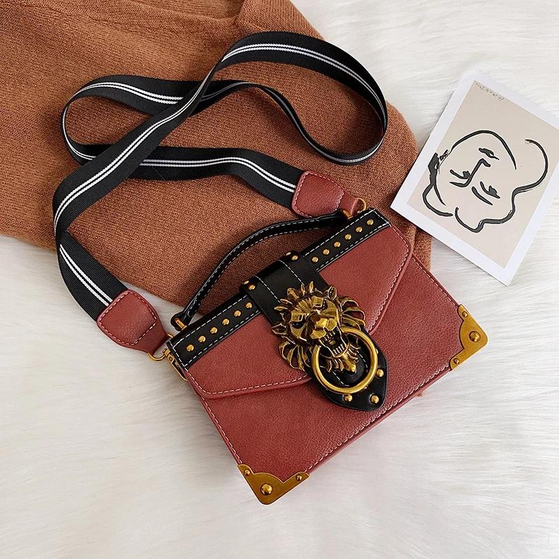 Female Fashion Handbags Popular Girls Crossbody Bags Totes Woman Metal Lion Head Brand Shoulder Purse Mini Square Messenger Bag