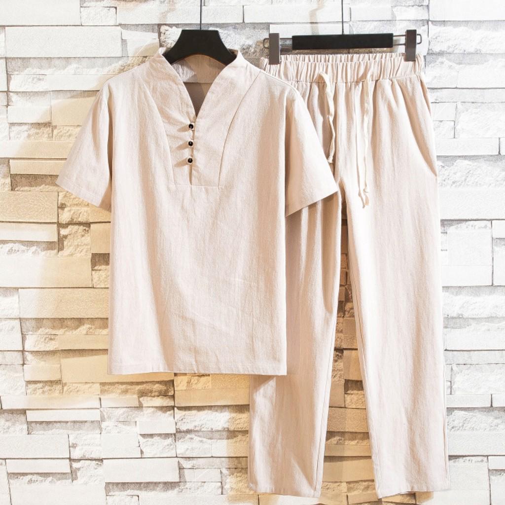 Men's Baggy Cotton Linen Pocket Solid Short Sleeve Retro T Shirts Top Pant 