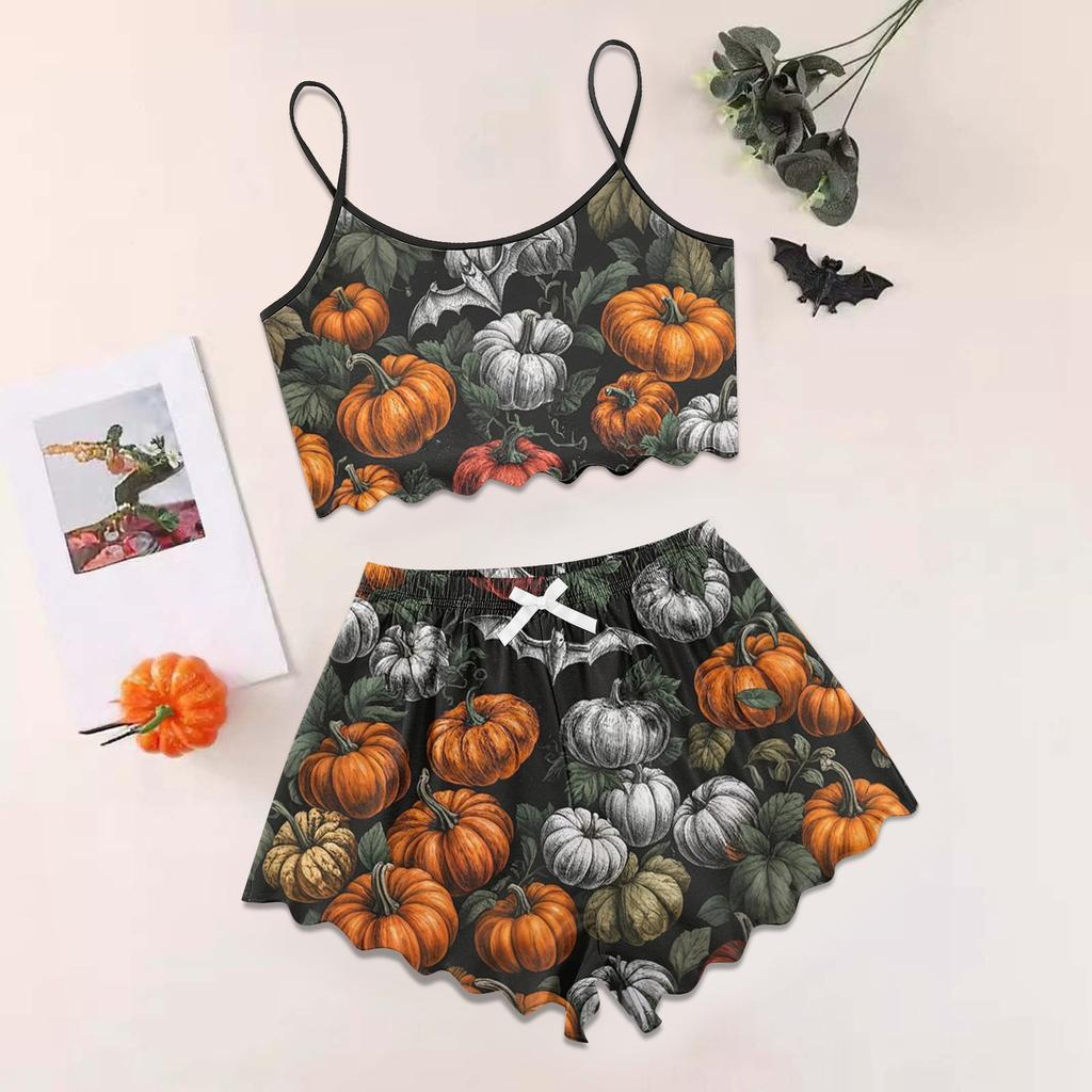Women's Halloween Set With Retro Floral Print Suspender Sleeveless Vest Shorts Pajama Set
