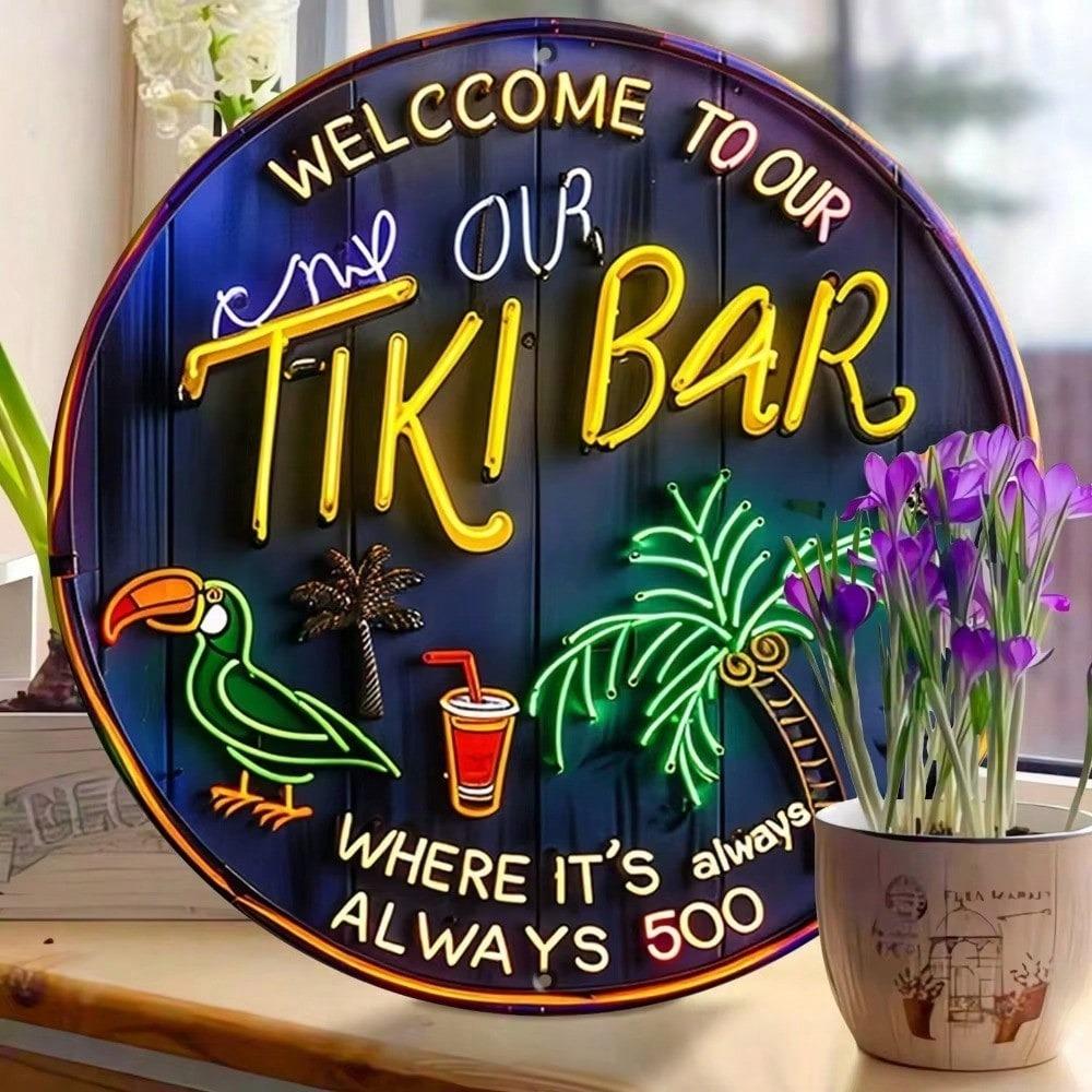 1PC 8x8 Inch Round Retro Metal Sign Welcome To Our Tiki Bar Wall Decor For Bar Home