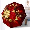 Golden Red Rose Bouquet Circular Wall Art Print Poster Umbrella, Cute Umbrella with Cute Design, Portable 3-Fold Compact Umbrella for Men & Women, Val