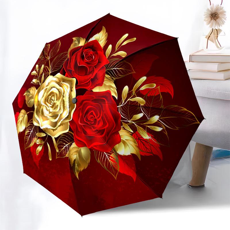 Golden Red Rose Bouquet Circular Wall Art Print Poster Umbrella, Cute Umbrella with Cute Design, Portable 3-Fold Compact Umbrella for Men & Women, Val