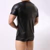 Men T-shirt Short Sleeve Elastic Faux Leather Undershirt Muscle T-shirt for Party