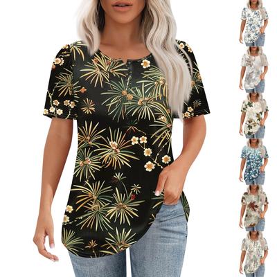 Women's Fashionable Casual Short Sleeve Button Floral Print Round Neck Pullover Top