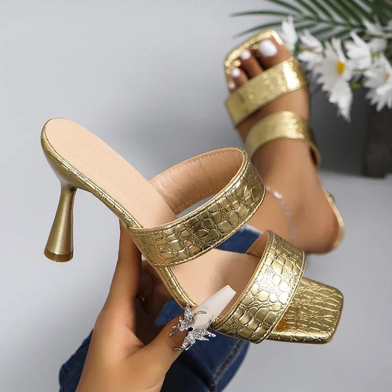 

Роскошные золотисто-серебряные туфли на высоком каблуке для женщин 2024 года, летние босоножки на тонком каблуке для женщин больших размеров с квадратным носком для вечеринок 36 золотой