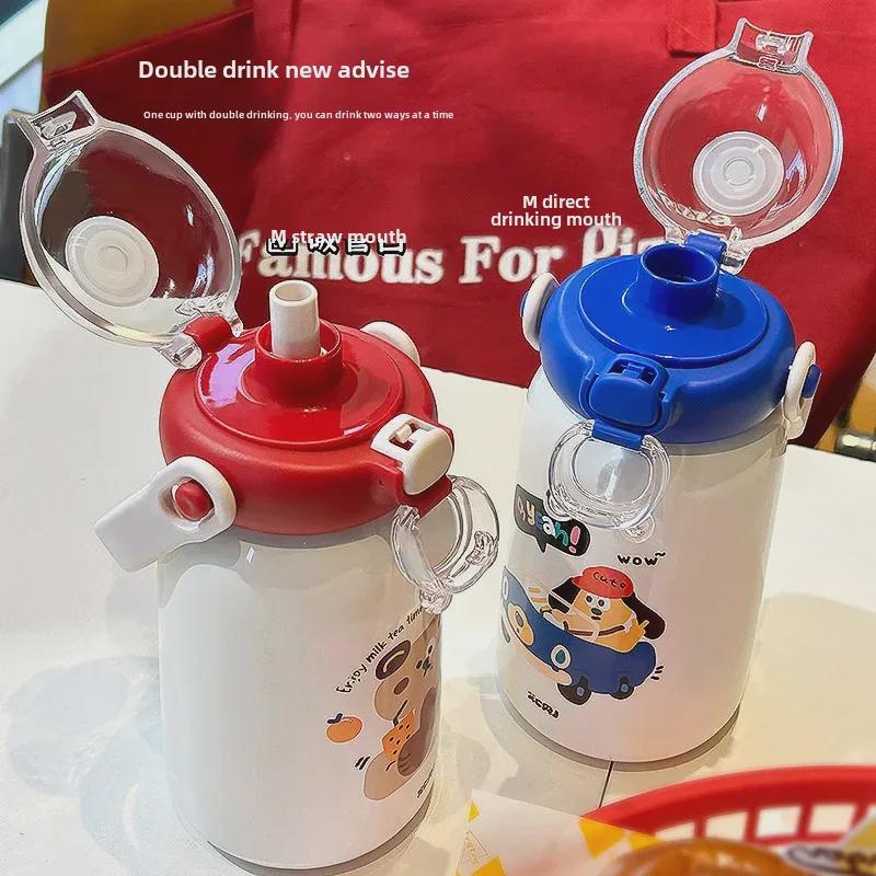 Entzückender tragbarer Thermosbecher für Kinder – Edelstahl 316, Design mit doppeltem Strohhalm