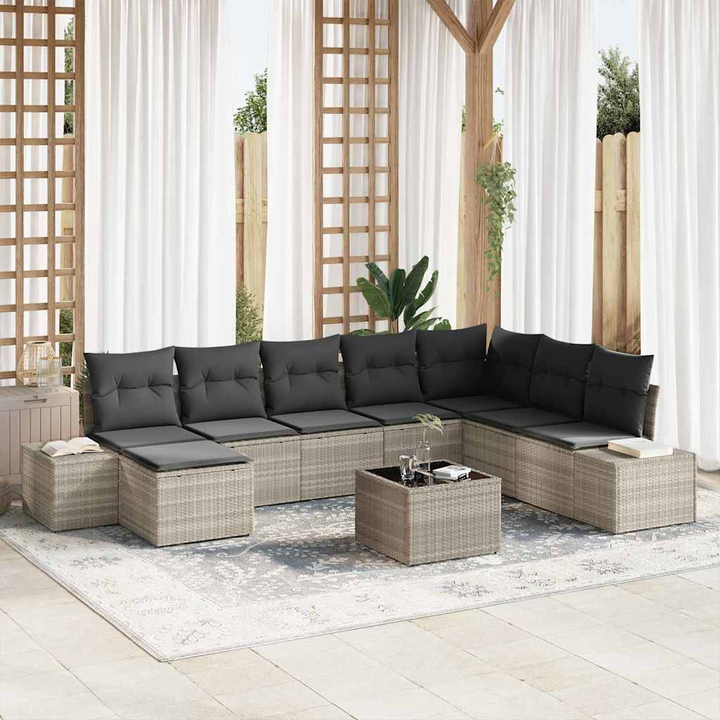 Garden Sofa Set with Cushions 9 pcs Light Grey Poly Rattan