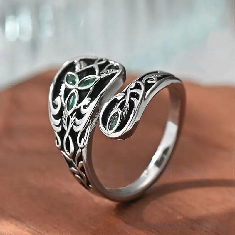 Retro Wzory Łyżeczek Regulowany Pierścionek z Liściem Zielony Kamień Biżuteria Inspirowana Naturą Regulowany Vintage Prezent Biżuteria Dla Niej