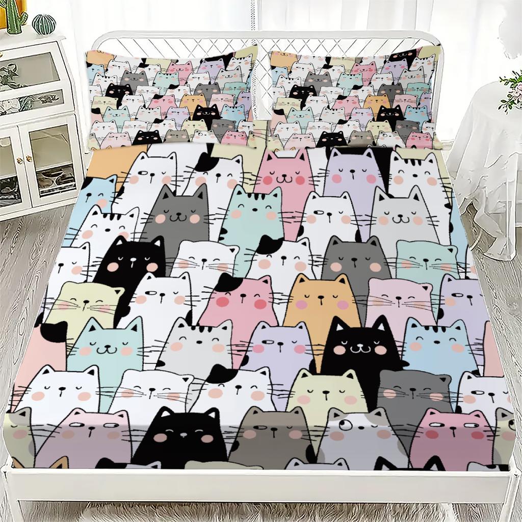 3pcs Fitted Sheet Set Cute Cat Pattern Print Design Bed Sheet Easy Care Anti-Slip With Pillowcases For Bedroom Decor