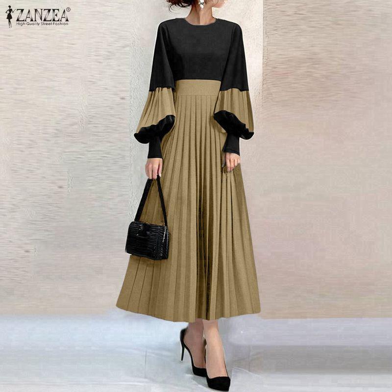 ZANZEA Women Casual Round Neck Puff Long Sleeve Loose Patchwork Dress