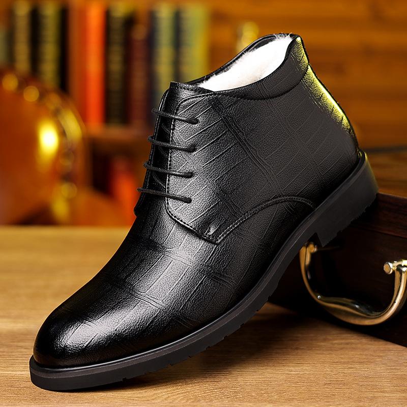 Cotton shoes men's winter velvet formal snow boots British style casual thickened warm high-top lace-up cotton leather shoes