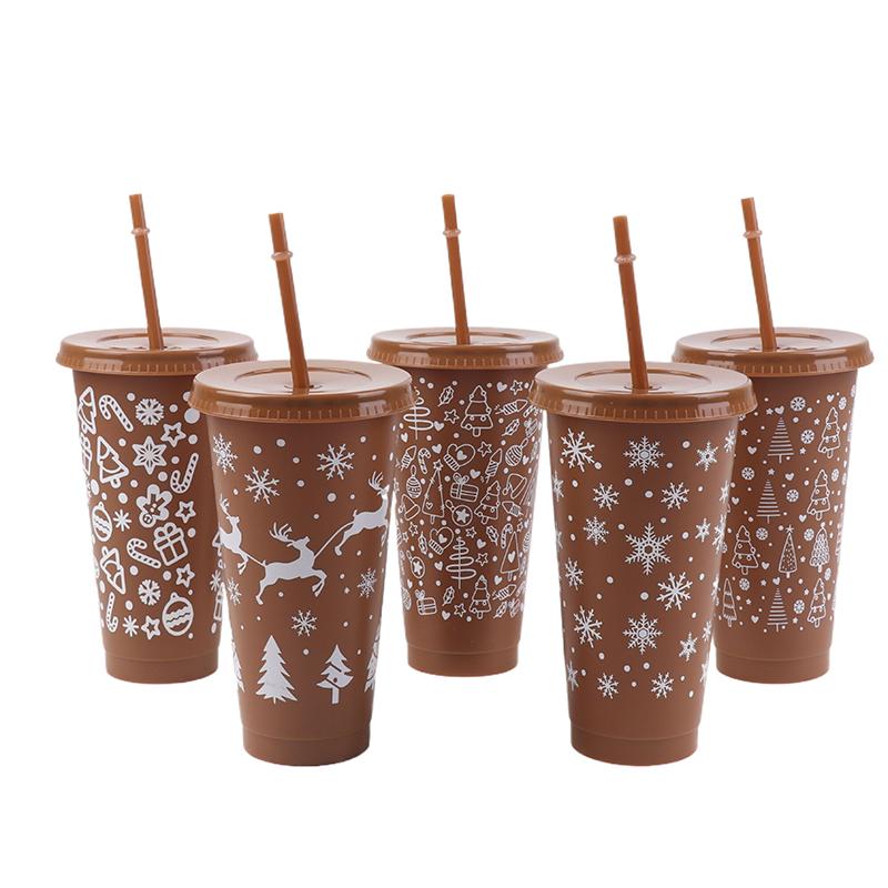 

1 шт. Рождественский стакан с трубочкой 710 мл 24 унции Большой вместимости Однослойный ПП пластиковый тамблер Праздничная посуда Подарок коричневый