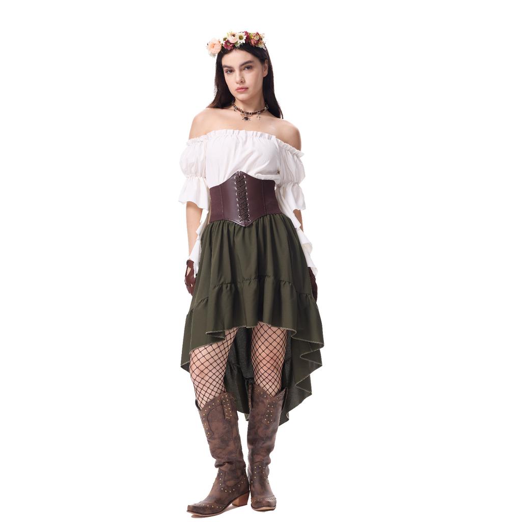 Women's Costume Off Shoulder Top Irregular Skirt Vintage Outfit With Decoration