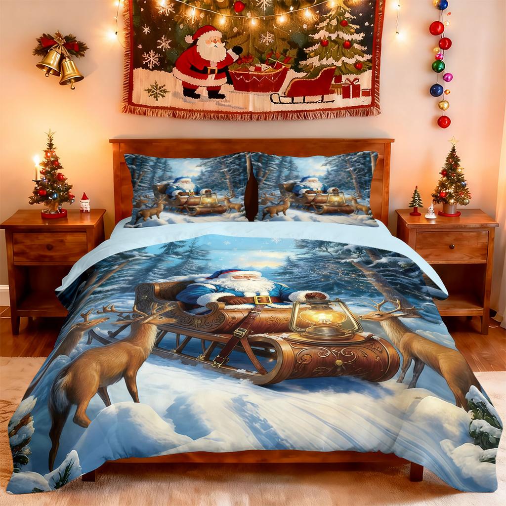3pcs Forest Christmas Sled Santa Claus Printed Chipless Bedding Set Multi Size Bedroom Bedding Decoration Soft and Comfortable
