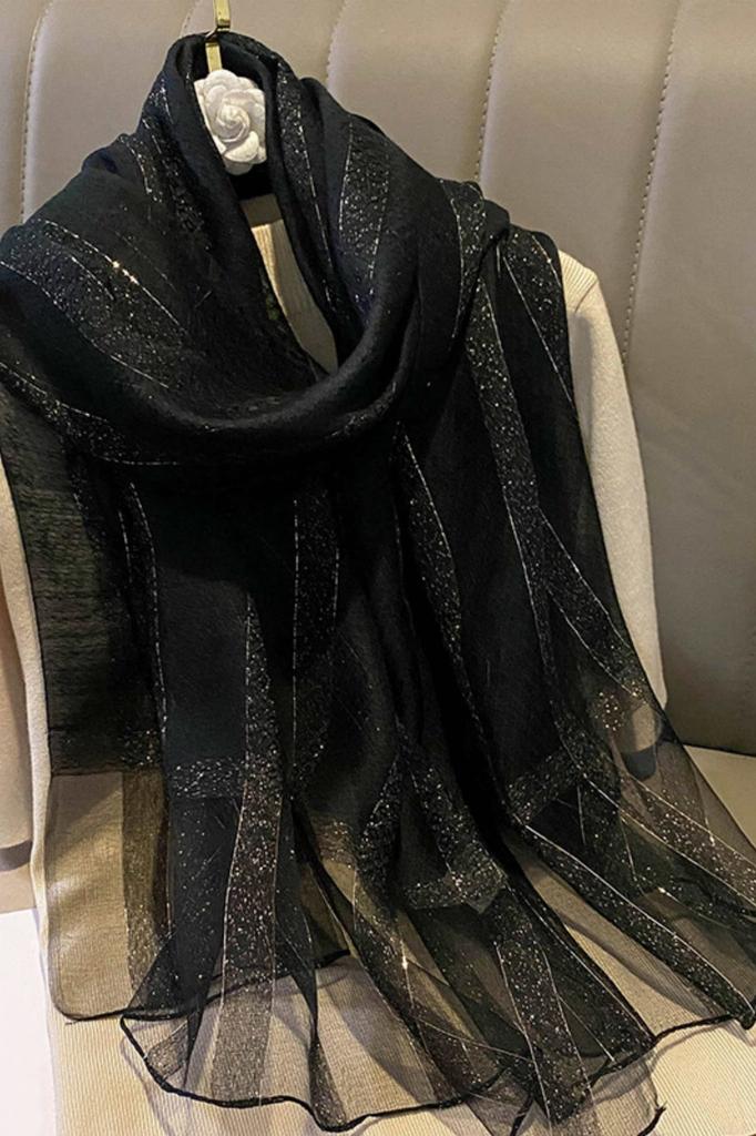 Elegant Black Shawl with Shine - Mulberry Silk and Wool, 190x70
