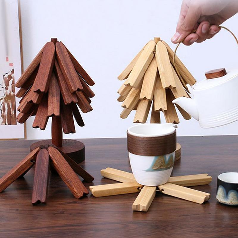 Wooden Tree Trivet Set Tree Wooden Dish Pot Mat Plate Trivet Multifunctional Hot Pad Heat Resistant Tree Shape Wooden Trivet Three slices