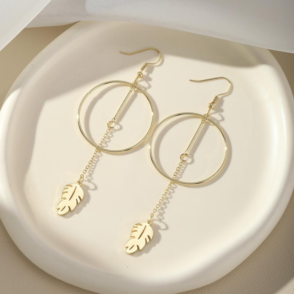 Large Geometric Stainless Steel Tassel Earrings With Feather Leaf Pendant Retro Style