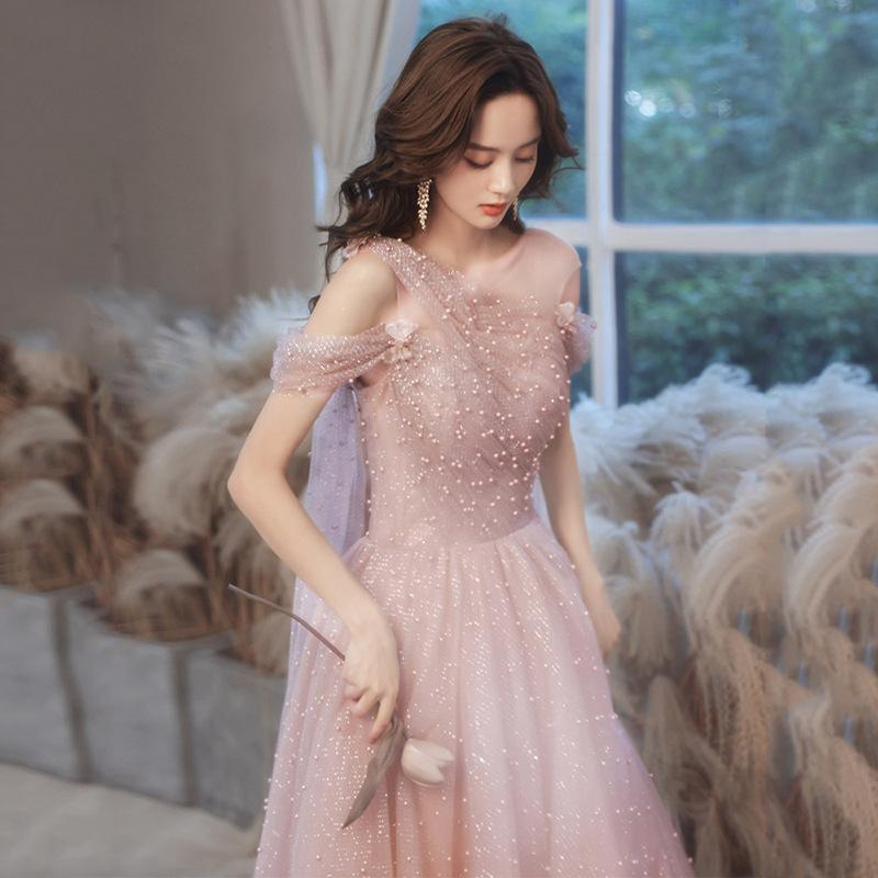 Pink Pearl Evening Dress Women's Summer New Temperament Socialite Birthday Catwalk Fairy Long Banquet Dress