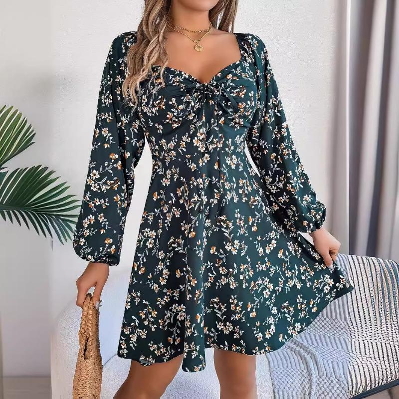 Square Collar Floral Printed Fashion Loose Dress Casual Sexy Lace Up Long Sleeve A-line Party Short Dress Elegant Spring Summer Lace-up Slim Fit Sweet