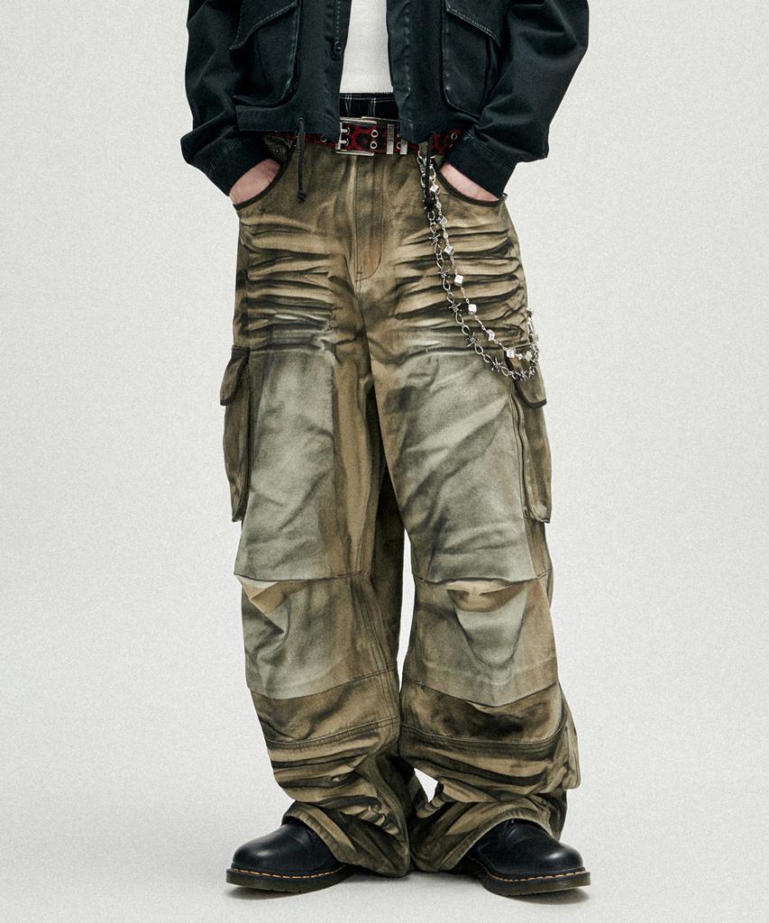 NOT4NERD Dirty Washed Parachute Cargo Denim Pants - Beige