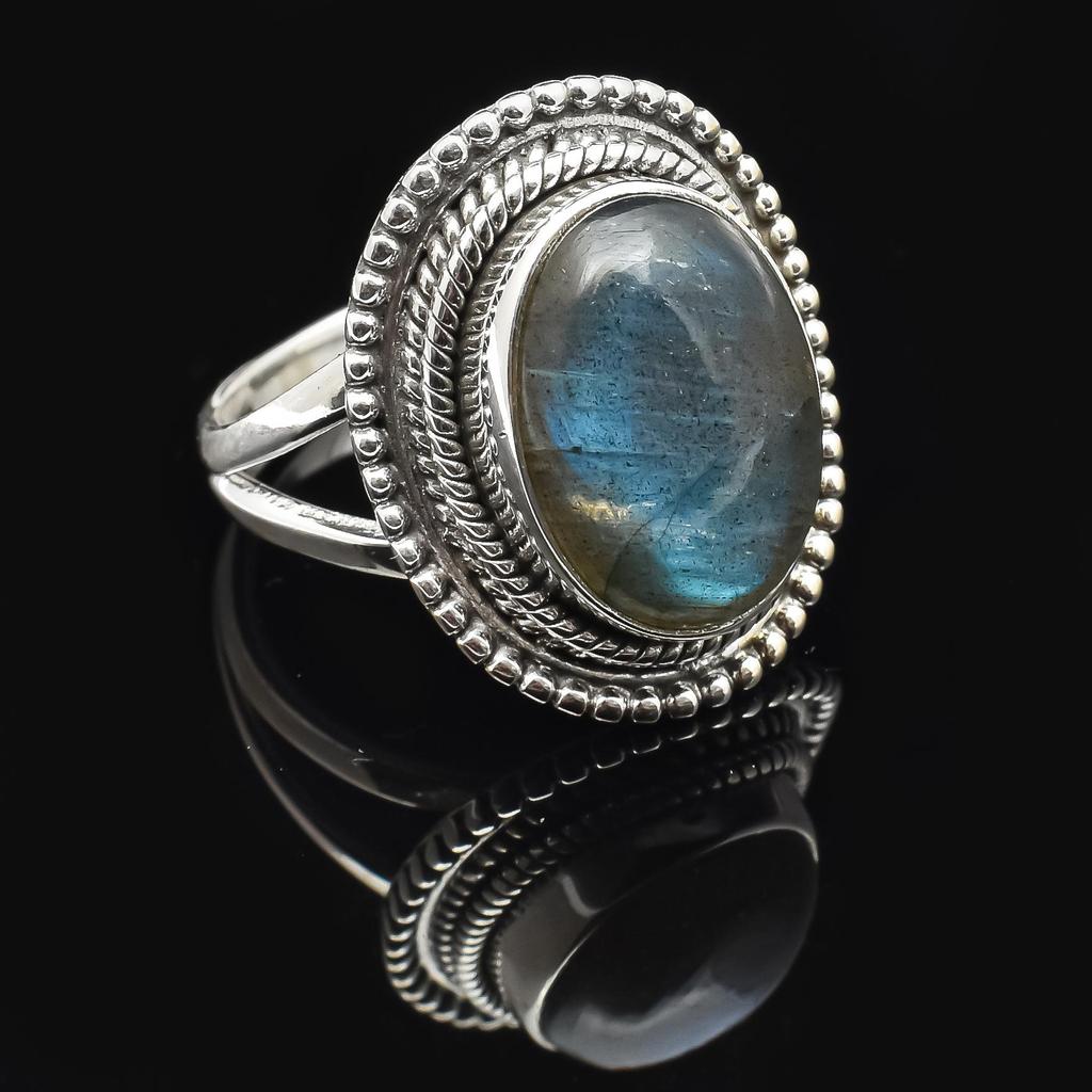 Natural Labradorite Gemstone Solid 925 Sterling Silver Beaded Split Shank Ring For Women & Girls Size 5 To 12