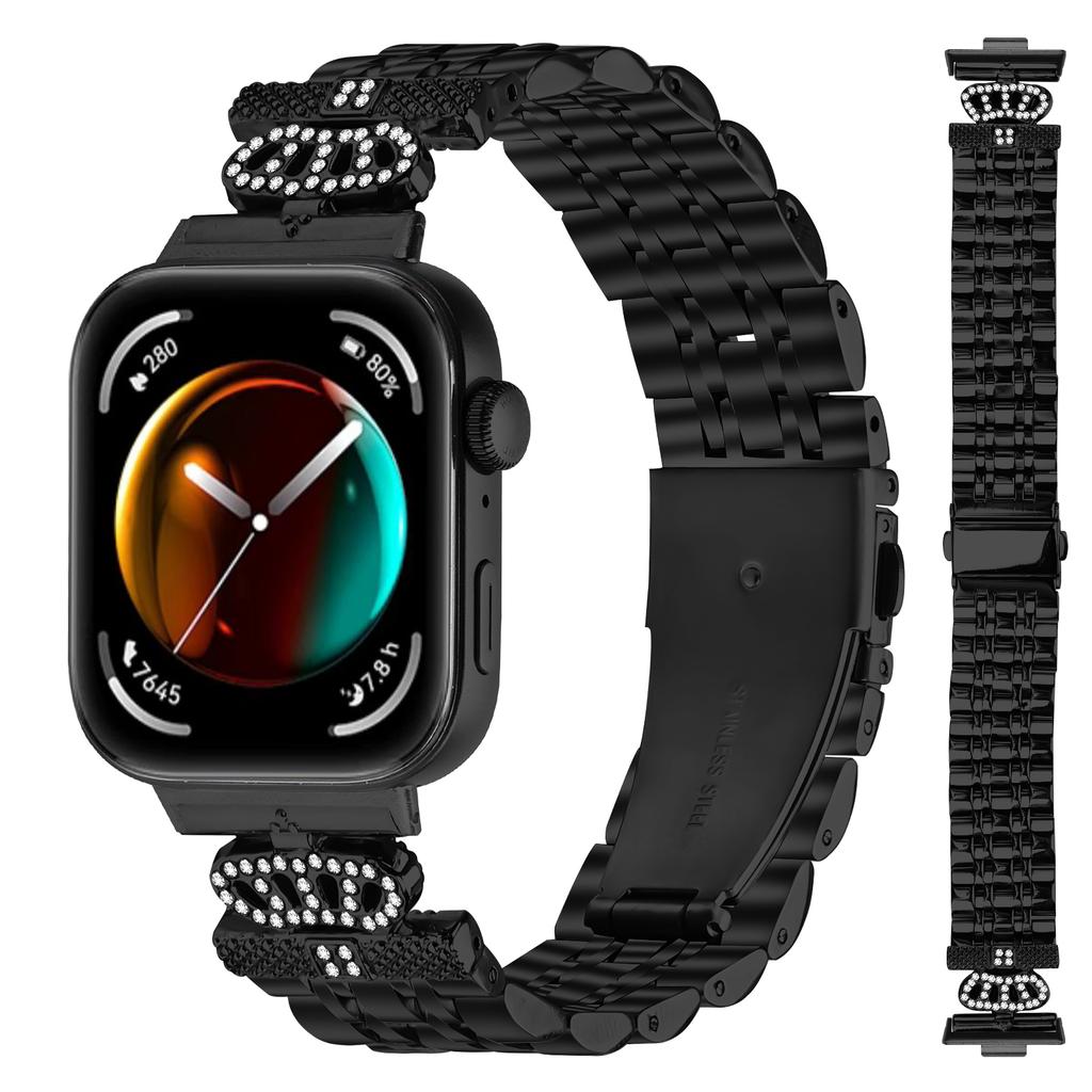 For Huawei Watch Fit 3 Watch Band 7-Bead Rhinestone Crown Stainless Steel Strap