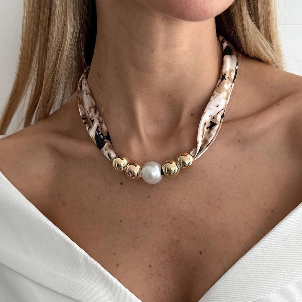 Ingemark 6 Colors Elegant Leopard Print Chiffon Silk Chokers Necklace Women Retro Imitation Pearl Clavicle Chain Party Jewelry