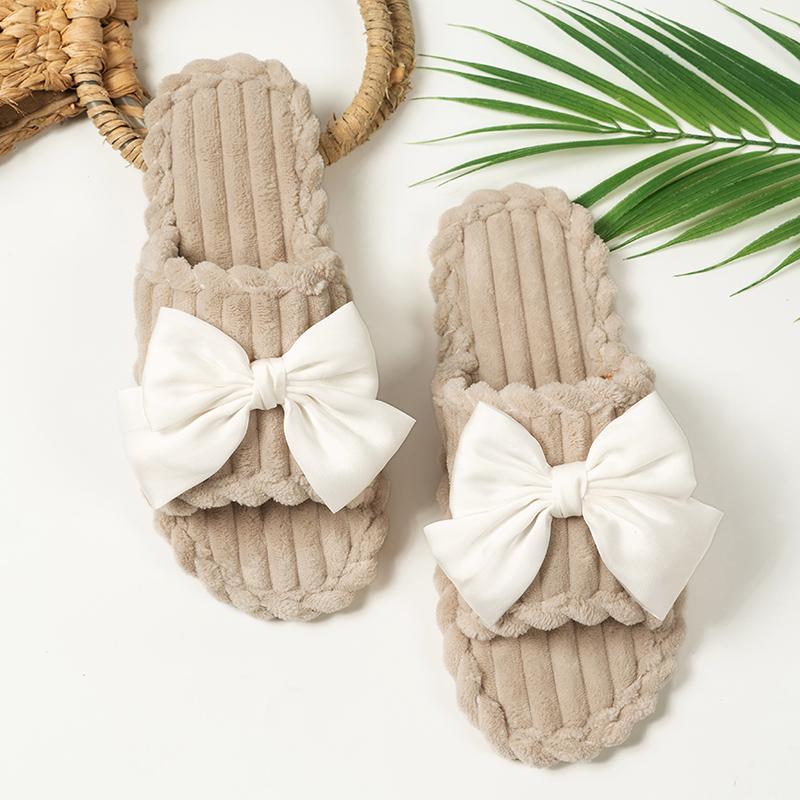 Fashion Bowknot Decor Flat Home Slippers Women Indoor Corduroy Soft Sole House Slides Shoes Woman Non Slip Open Toe Cotton Slippers