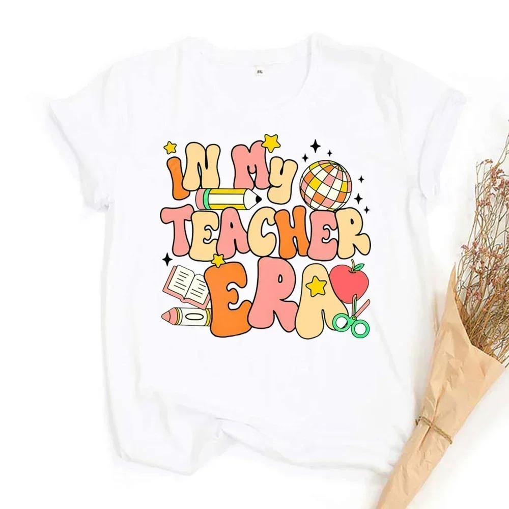

In My Teacher Era Colorful Retro Vintage Black TShirt with Rainbow Bee Smiley Flowers School EleUnisexts Design for Educators S