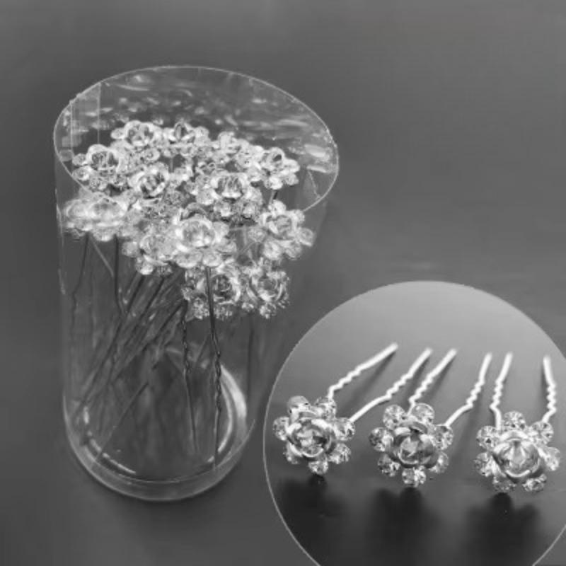 20Pcs/set Women U-shaped Hair Fork Pin Crystal  Rose Flower Hair Clips Rhinestone Hair Stick Wedding Bridal Jewelry Headwear Gift