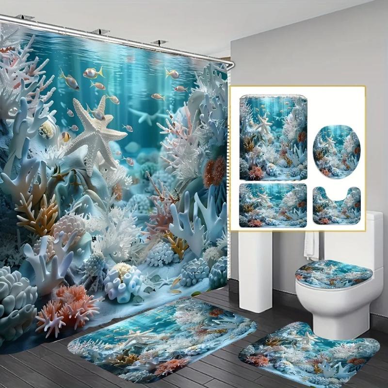 Ensemble de salle de bain récif corallien sous-marin enchanteur - Rideau de douche imperméable, Housse de couvercle de toilette, Tapis de bain et Tapis contour