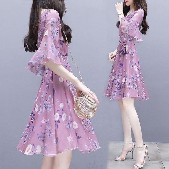 Printed Temperament Dress Women's Summer New Korean Version Long Dress Waist Thin Fairy Dress Medium and Long Skirt