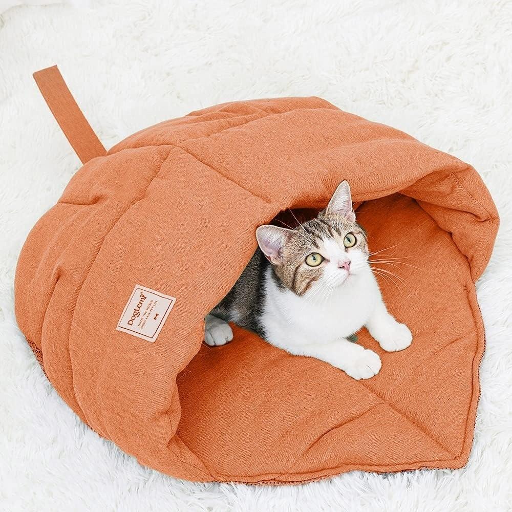 Neuer Leinenstoff Katzen-Schlafsack Weiches Haltbares Blatt-Nest Waschbare Hülle Anti-Angst Thermisch Waschbares Bett Welpen Kätzchen