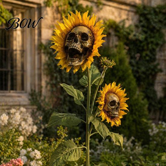 Scary Sunflower Sculpture Skull Ornament, Halloween Theme Garden Decor, Potted Housewarming Ornament Plant Waterproof Outdoor Decoration,