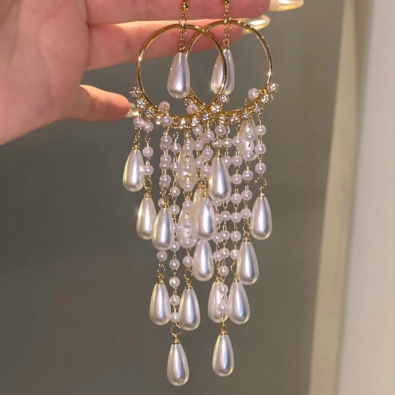 Premium pearl flower fringed earrings 2025 light luxury gentle temperament earrings niche personality earrings women